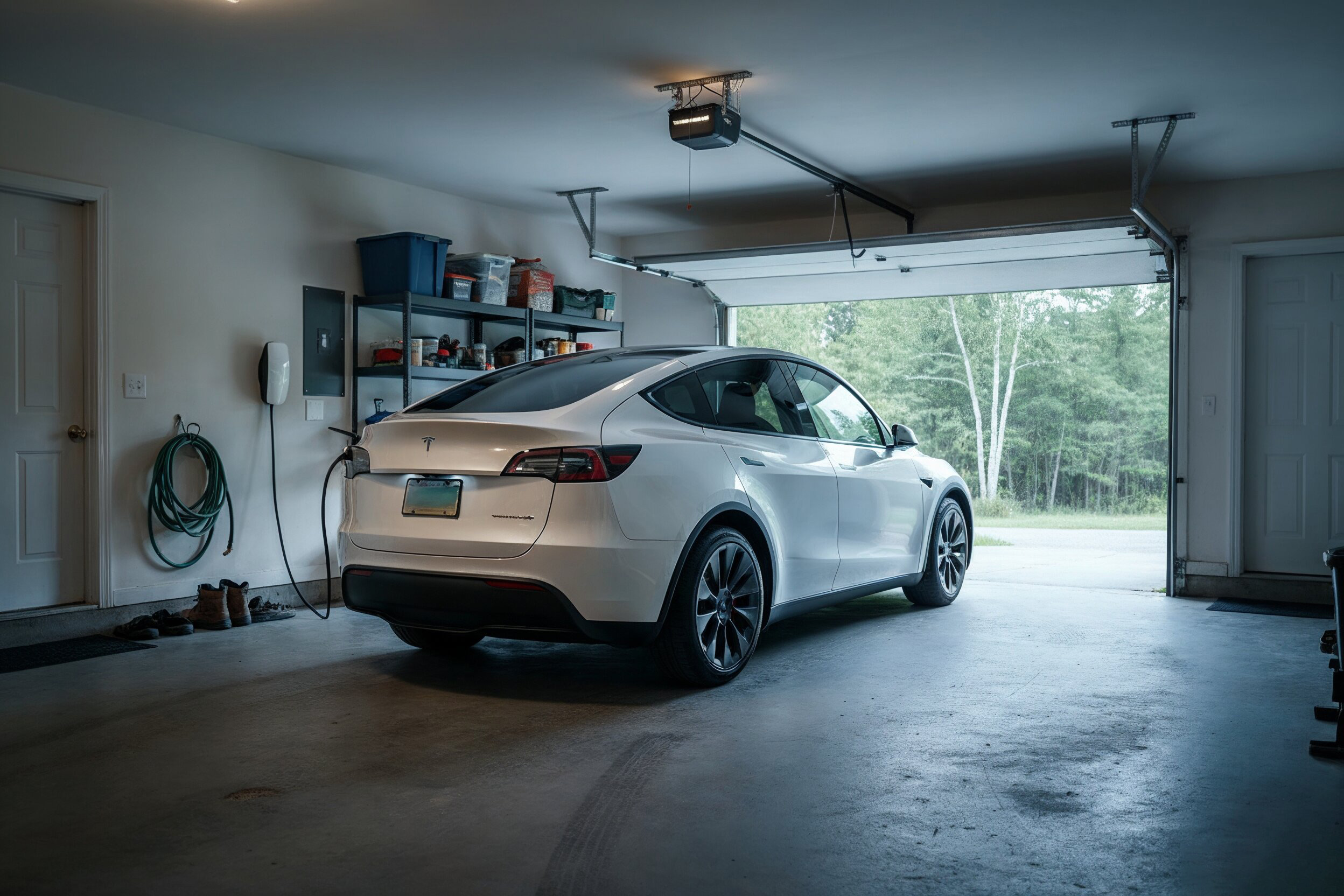 White Tesla Model Y charging in a residential garage with a wall mounted EV charger.
